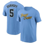 Youth Milwaukee Brewers Bj Surhoff ＃5 Powder 2022 City Connect Name & Number T-Shirt - Blue