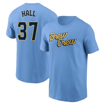 Youth Milwaukee Brewers DL Hall ＃37 Powder 2022 City Connect Name & Number T-Shirt - Blue